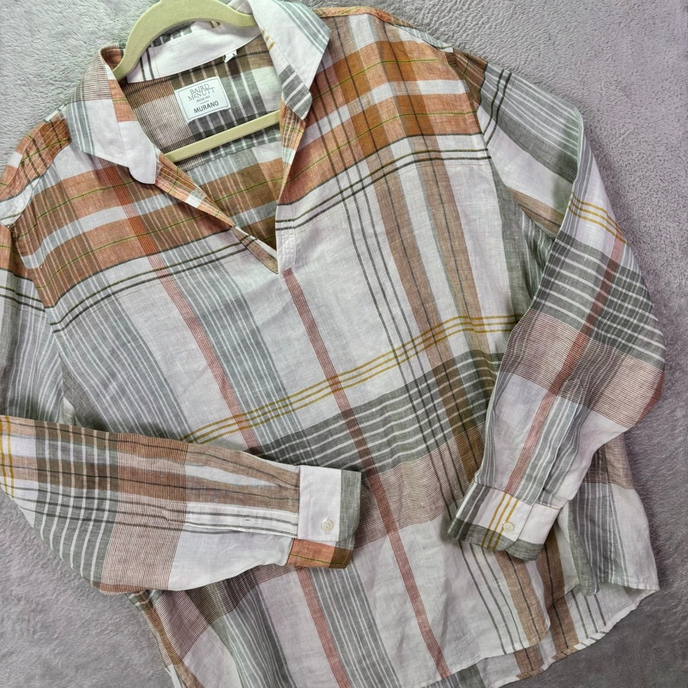 Baird McNutt Mens Murano Popover Shirt XL Orange Green Plaid Irish Linen V-Neck